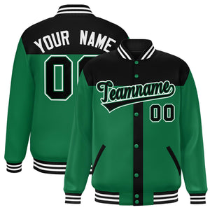 Custom Black Kelly Green Color Block Bomber Varsity Baseball Jacket