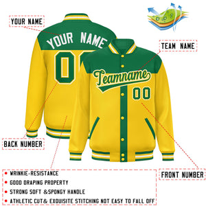 Custom Kelly Green Gold Color Block Bomber Varsity Baseball Jacket