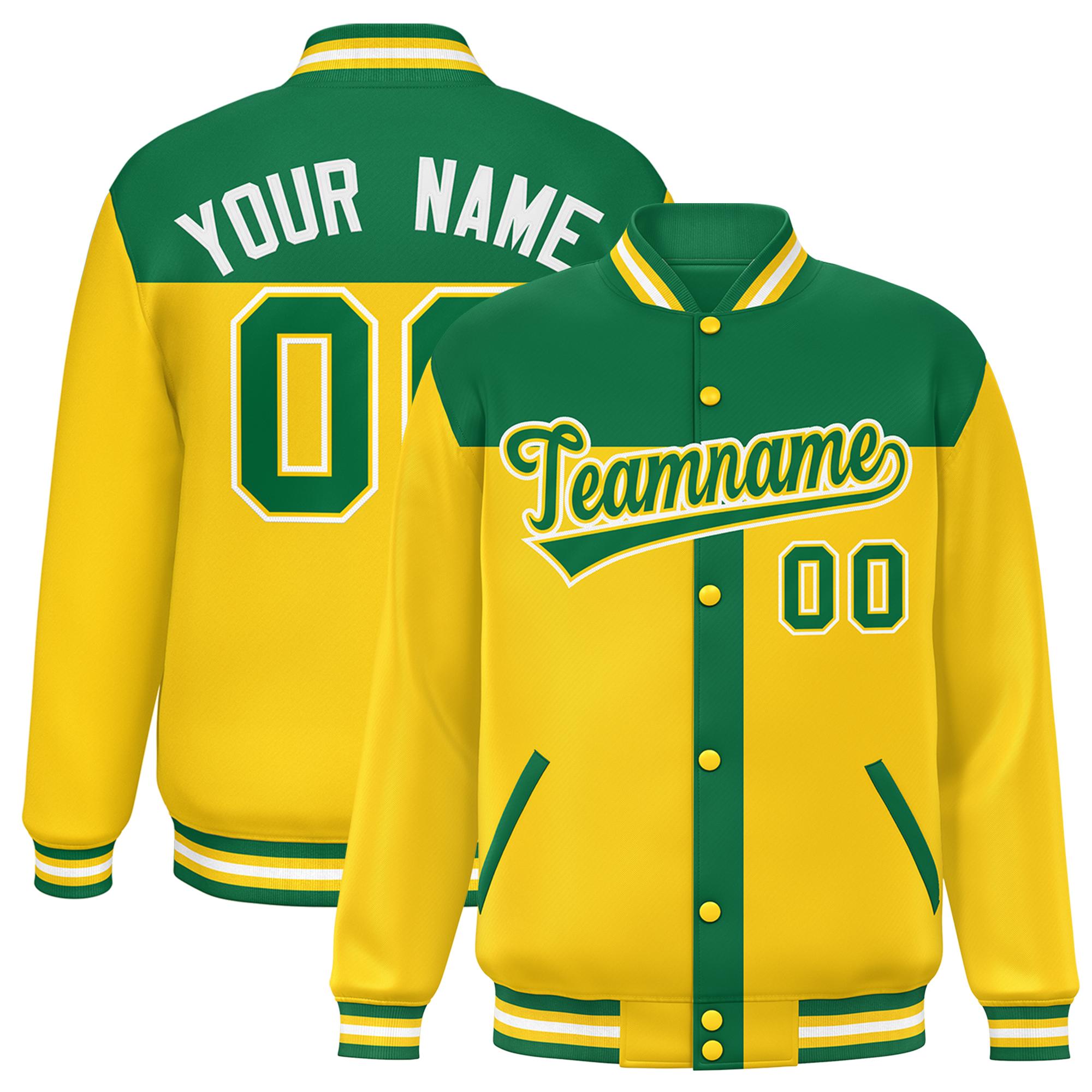 Custom Kelly Green Gold Color Block Bomber Varsity Baseball Jacket