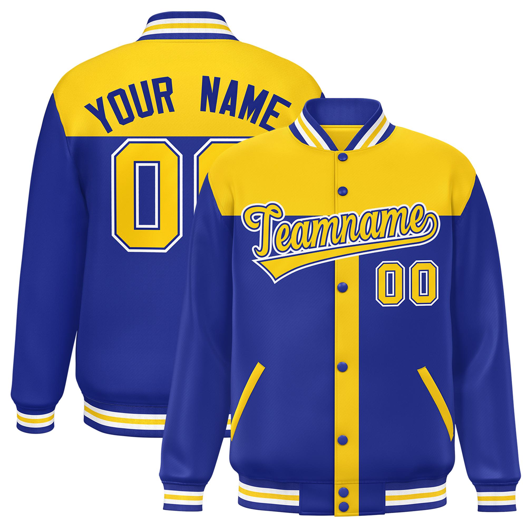 Custom Gold Royal Color Block Bomber Varsity Baseball Jacket