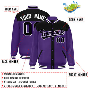 Custom Black Purple Color Block Bomber Varsity Baseball Jacket