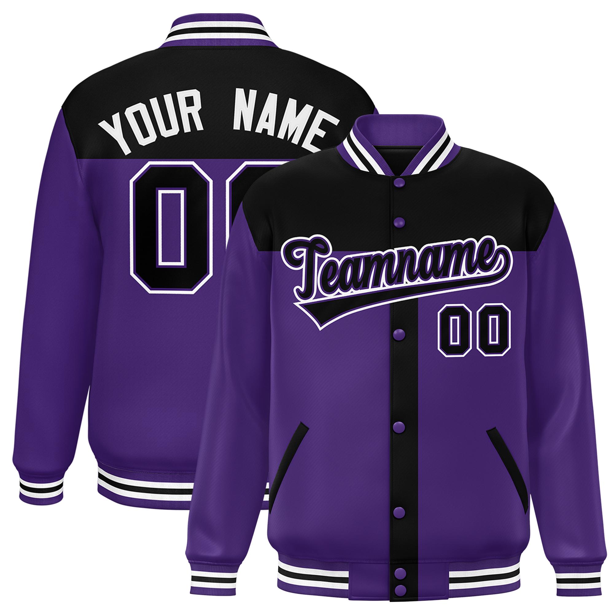 Custom Black Purple Color Block Bomber Varsity Baseball Jacket