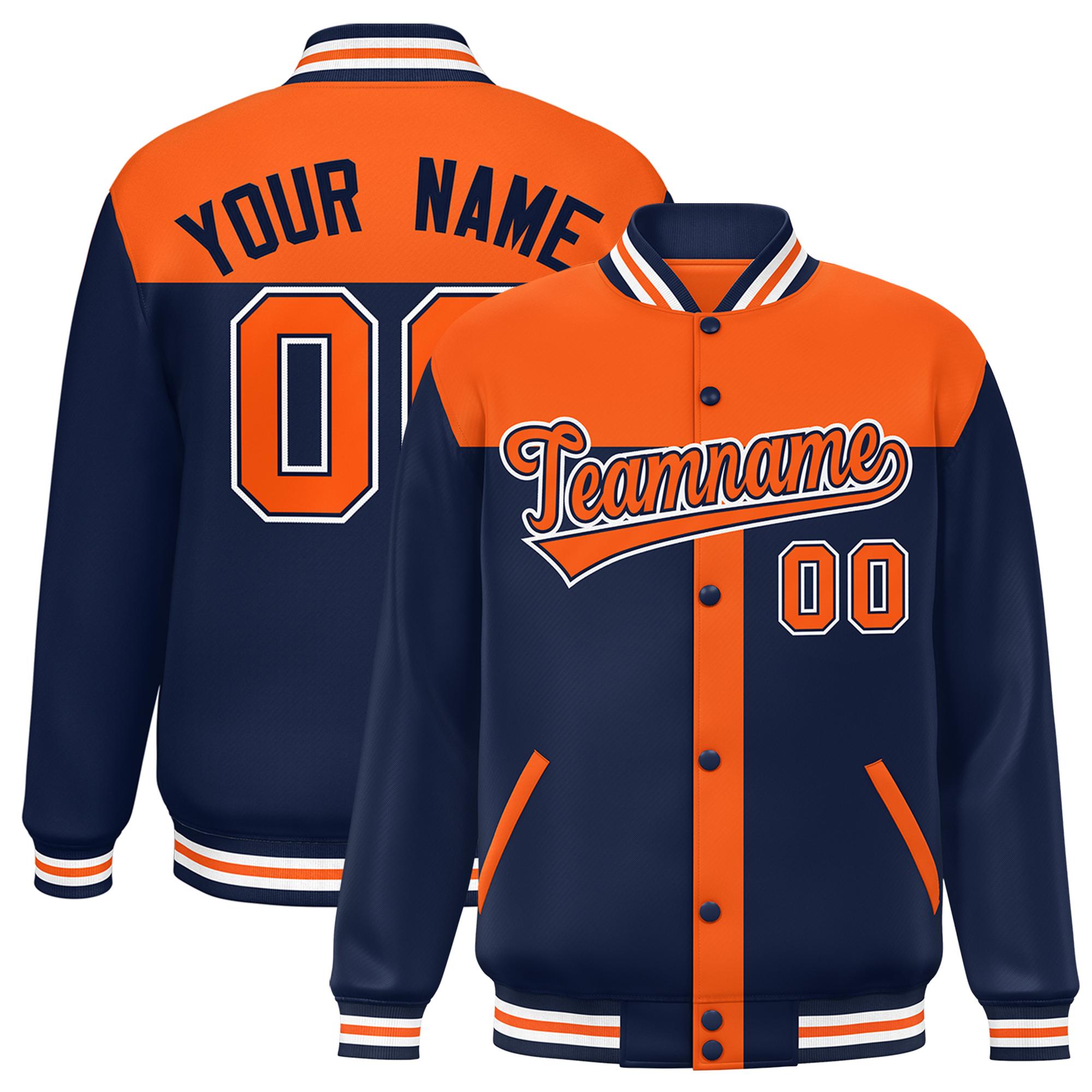 Custom Orange Navy Color Block Bomber Varsity Baseball Jacket