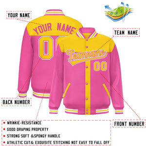 Custom Gold Pink Color Block Bomber Varsity Baseball Jacket