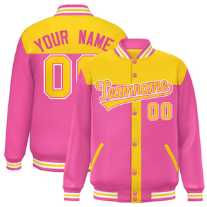 Custom Gold Pink Color Block Bomber Varsity Baseball Jacket