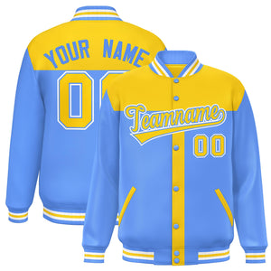 Custom Gold Powder Blue Color Block Bomber Varsity Baseball Jacket