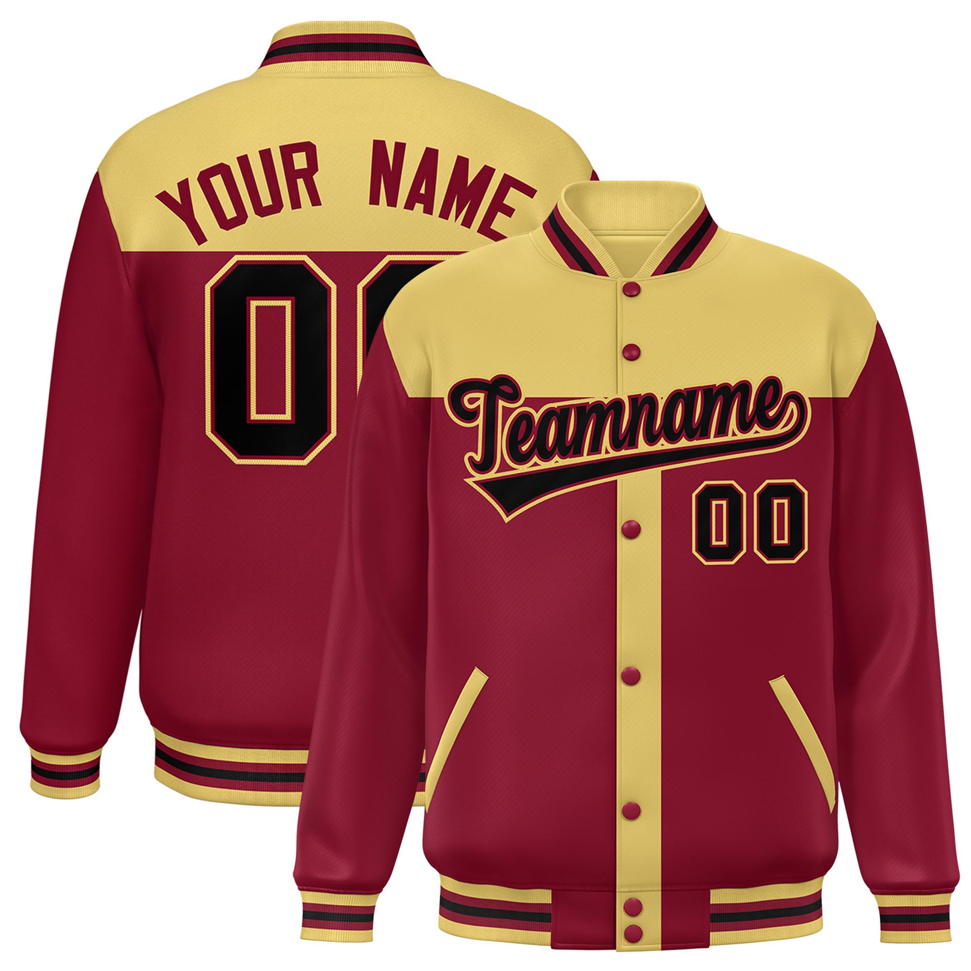 Custom Khaki Crimson Color Block Bomber Varsity Baseball Jacket