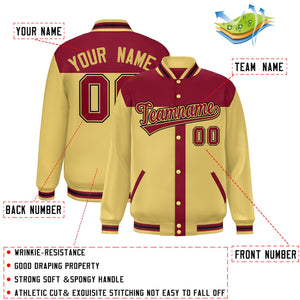 Custom Crimson Khaki Color Block Bomber Varsity Baseball Jacket