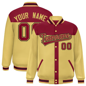 Custom Crimson Khaki Color Block Bomber Varsity Baseball Jacket