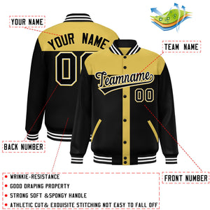 Custom Old Gold Black Color Block Bomber Varsity Baseball Jacket