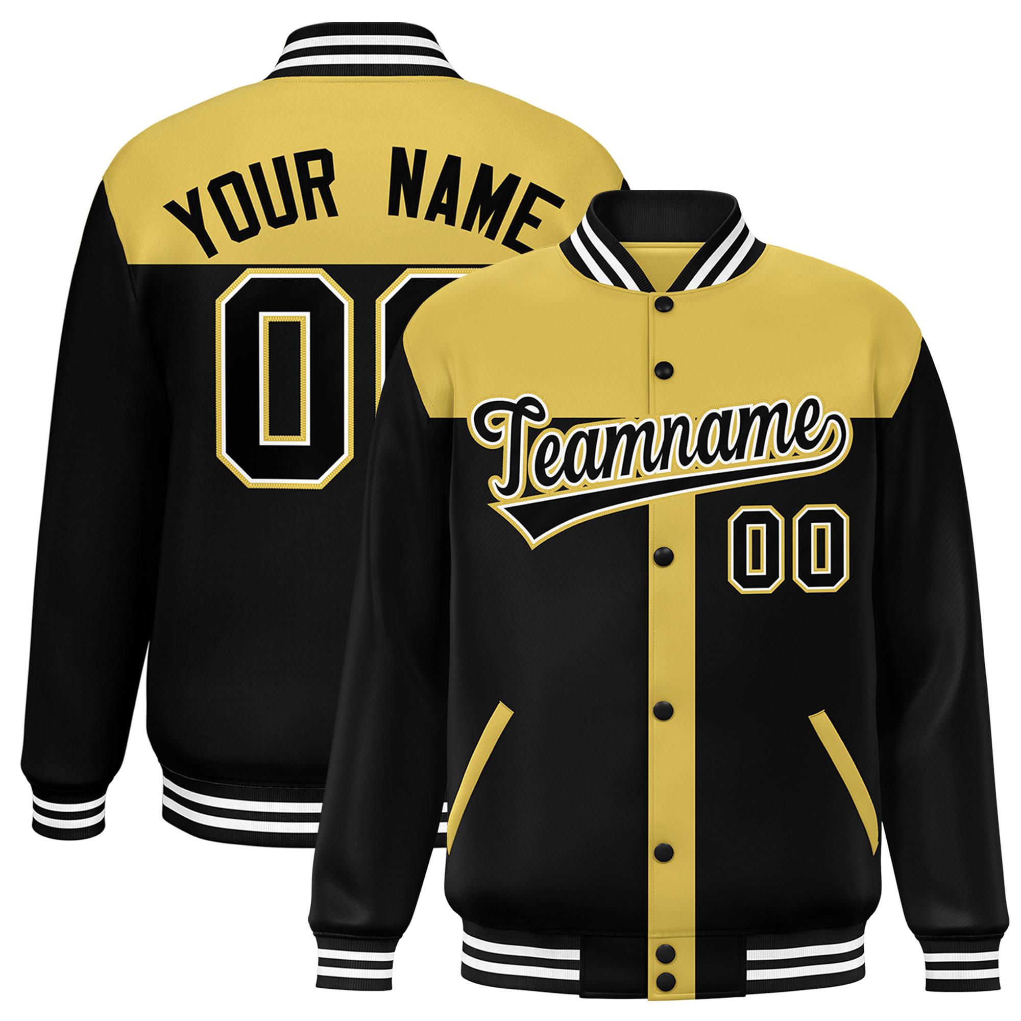 Custom Old Gold Black Color Block Bomber Varsity Baseball Jacket