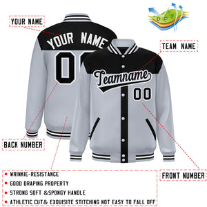 Custom Black Silver Color Block Bomber Varsity Baseball Jacket