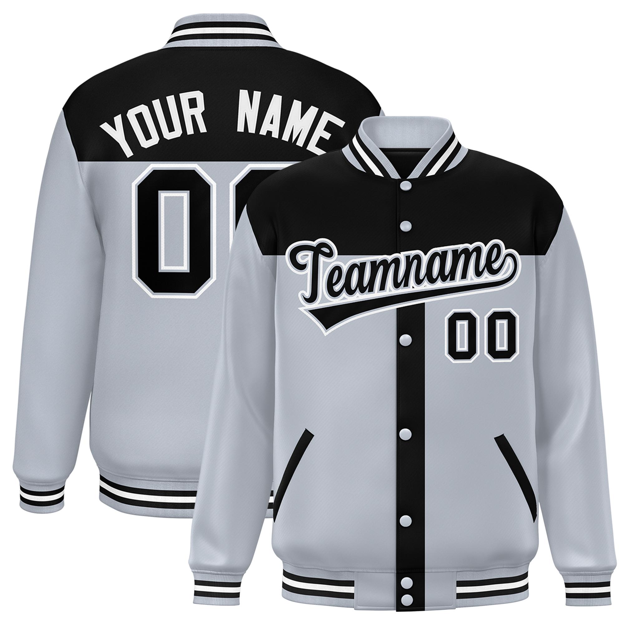 Custom Black Silver Color Block Bomber Varsity Baseball Jacket