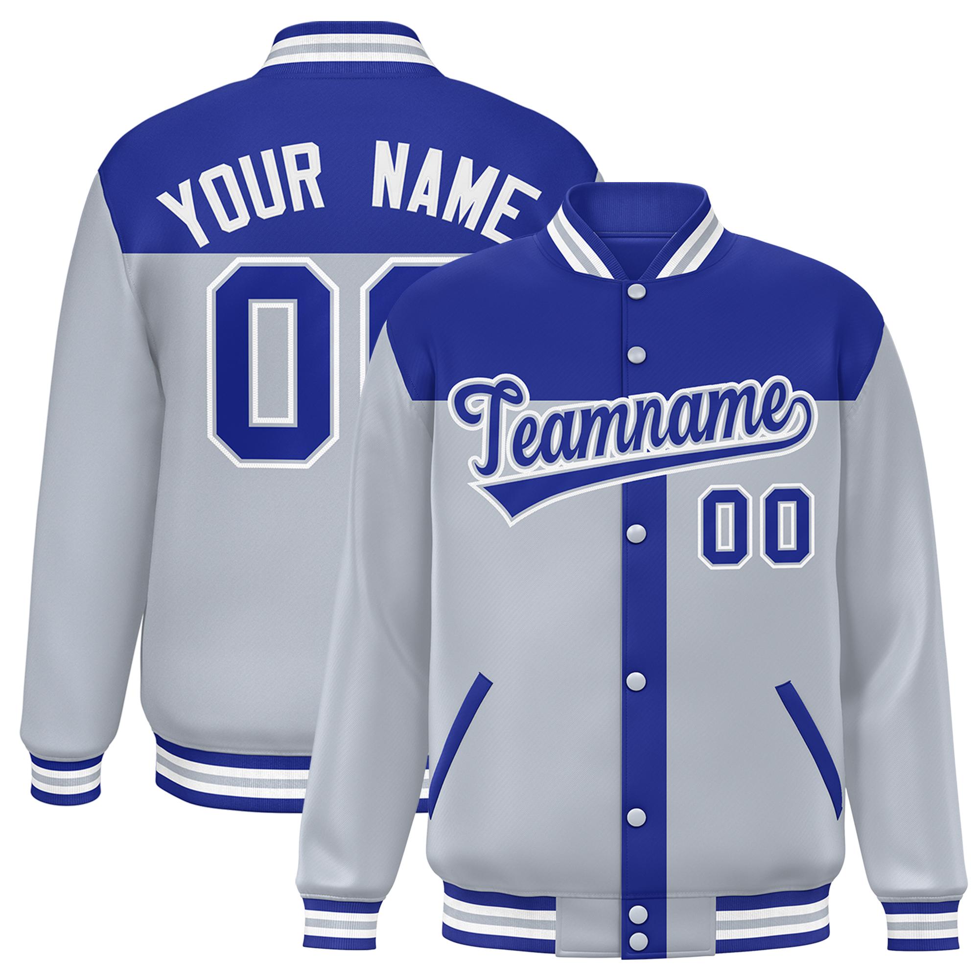 Custom Royal Silver Color Block Bomber Varsity Baseball Jacket