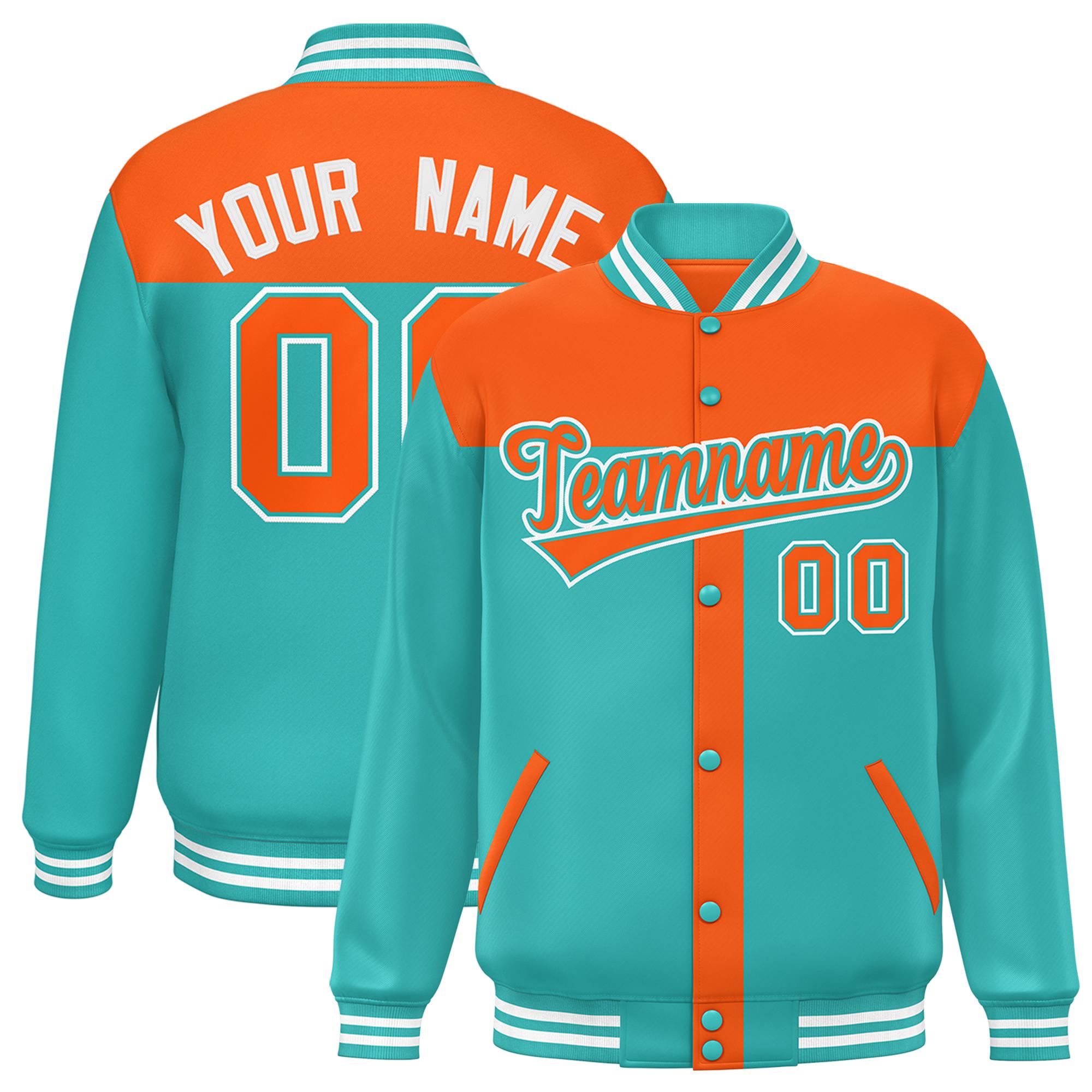 Custom Orange Aqua Color Block Bomber Varsity Baseball Jacket