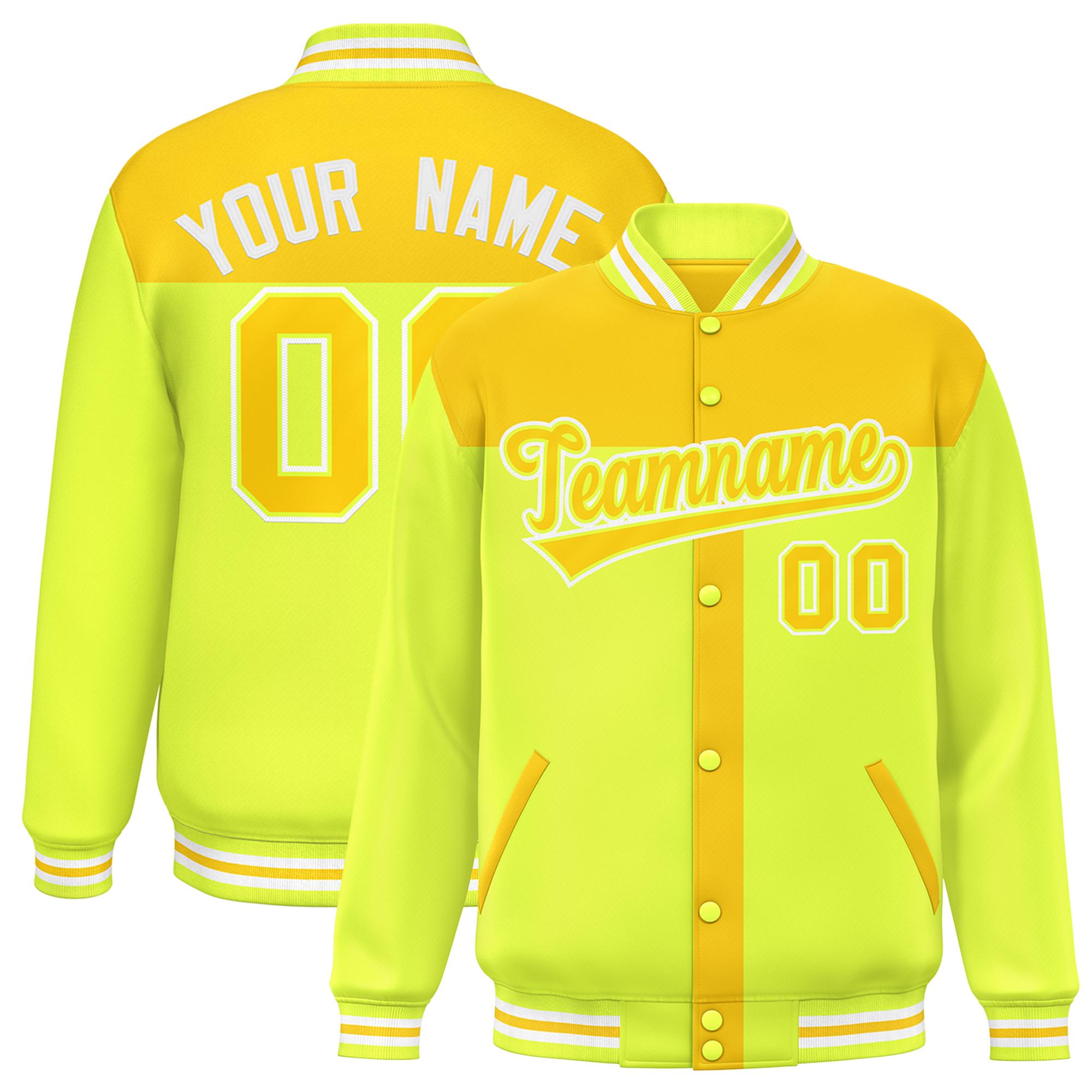 Custom Gold Green Color Block Bomber Varsity Baseball Jacket