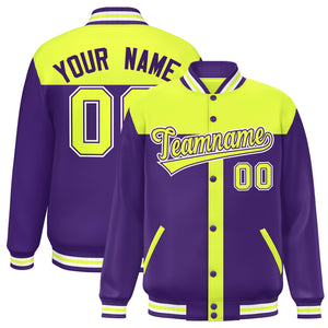 Custom Green Purple Color Block Bomber Varsity Baseball Jacket