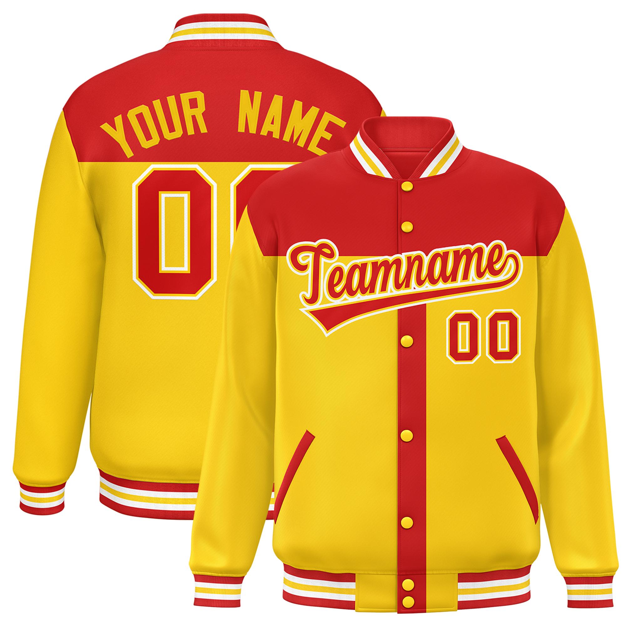 Custom Red Gold Color Block Bomber Varsity Baseball Jacket