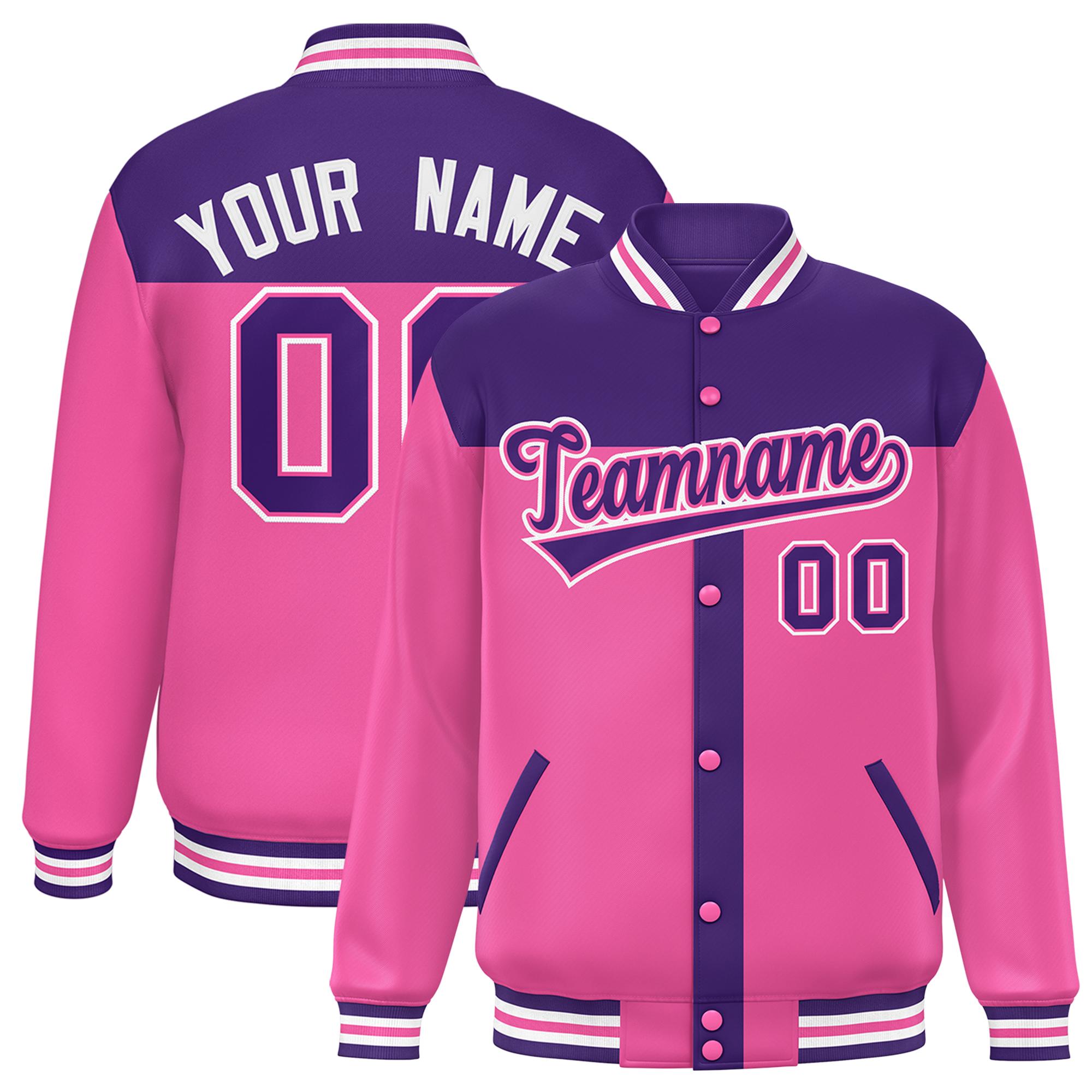 Custom Purple Pink Color Block Bomber Varsity Baseball Jacket