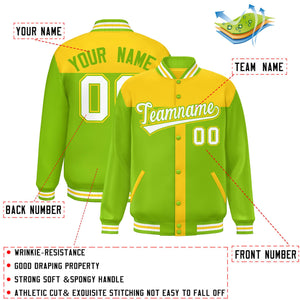 Custom Gold Neon Green Color Block Bomber Varsity Baseball Jacket