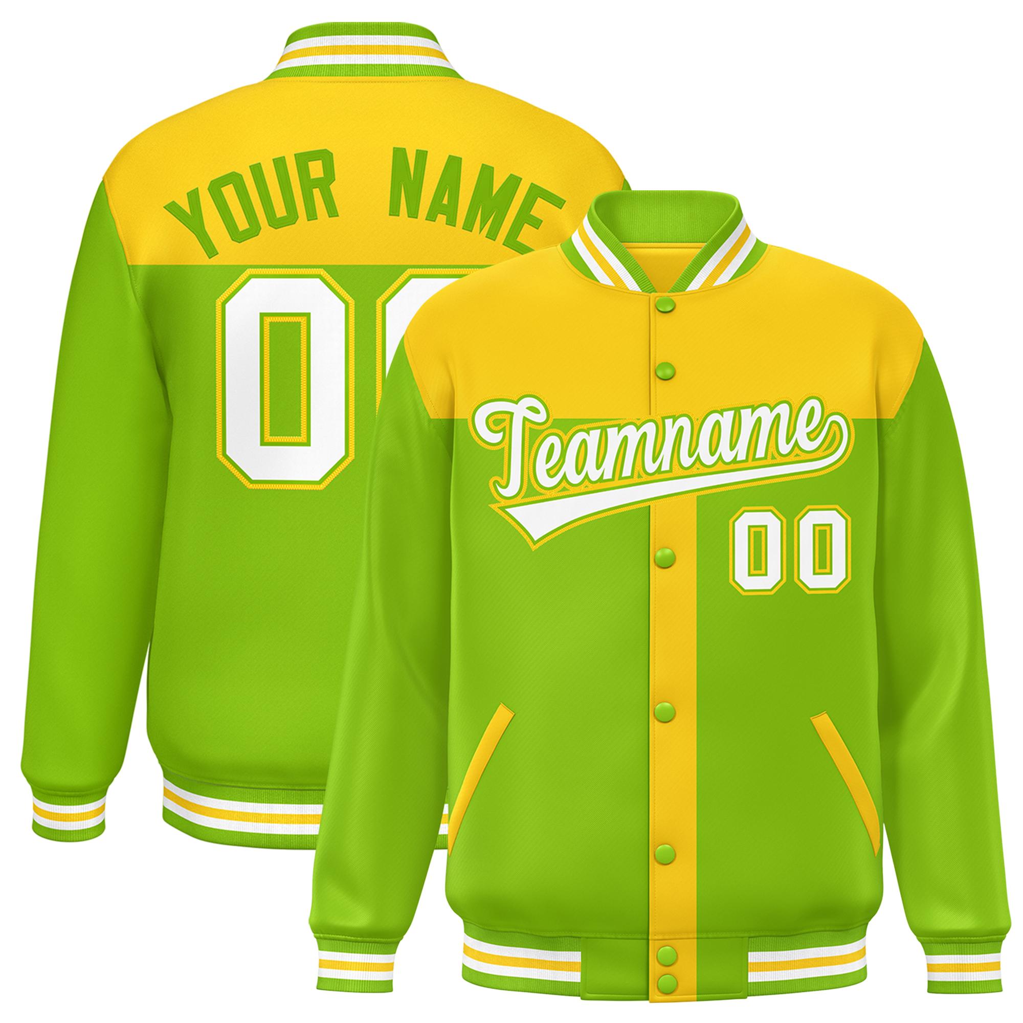 Custom Gold Neon Green Color Block Bomber Varsity Baseball Jacket