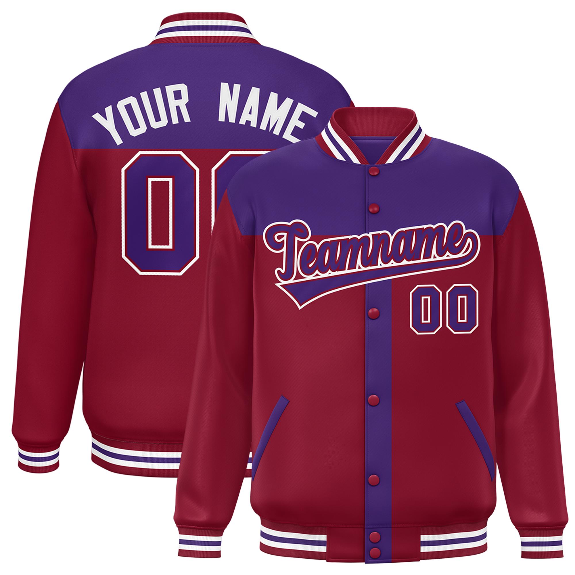 Custom Purple Crimson Color Block Bomber Varsity Baseball Jacket