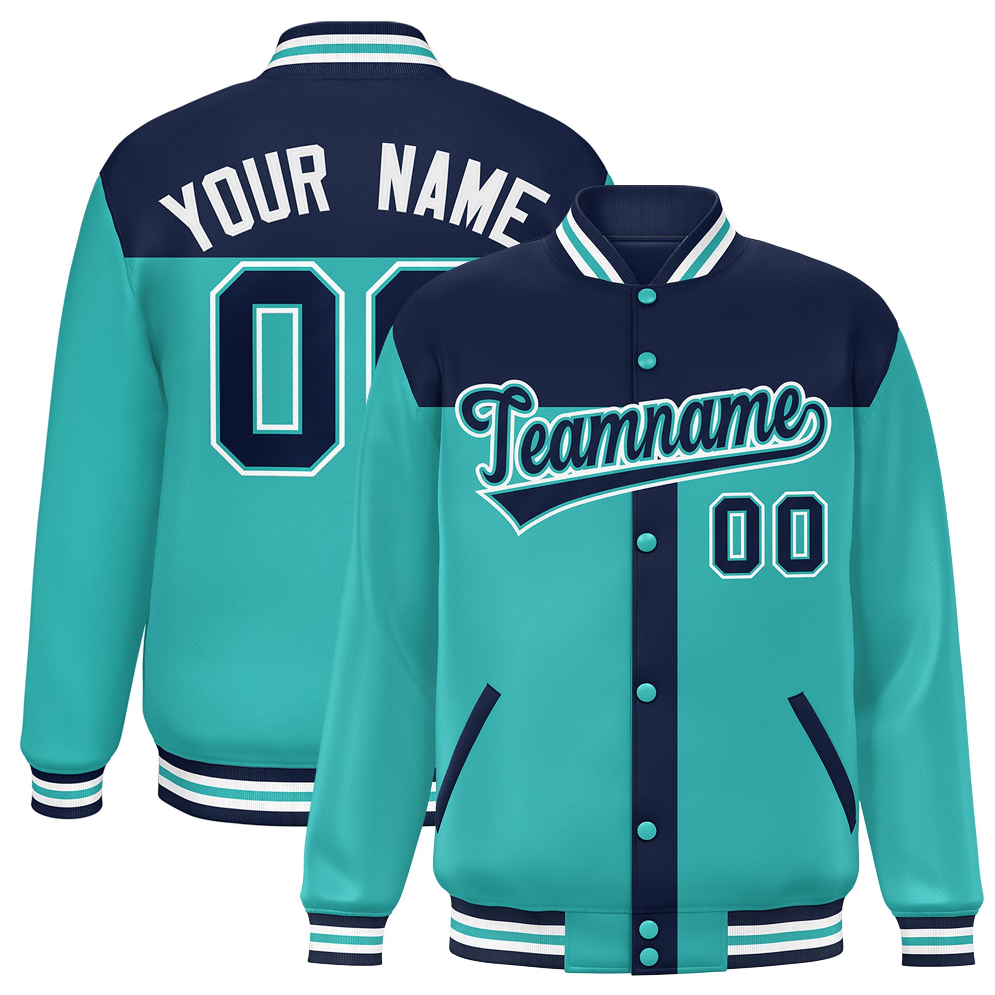 Custom Navy Aqua Color Block Bomber Varsity Baseball Jacket