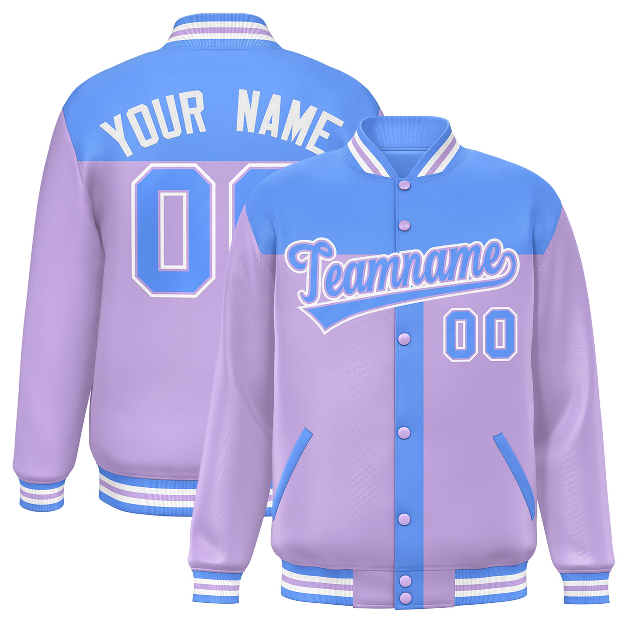 Custom Powder Blue Light Purple Color Block Bomber Varsity Baseball Jacket