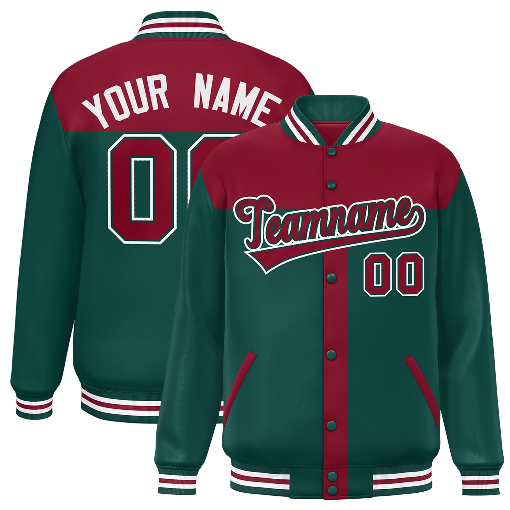 Custom Crimson Midnight Green Color Block Bomber Varsity Baseball Jacket