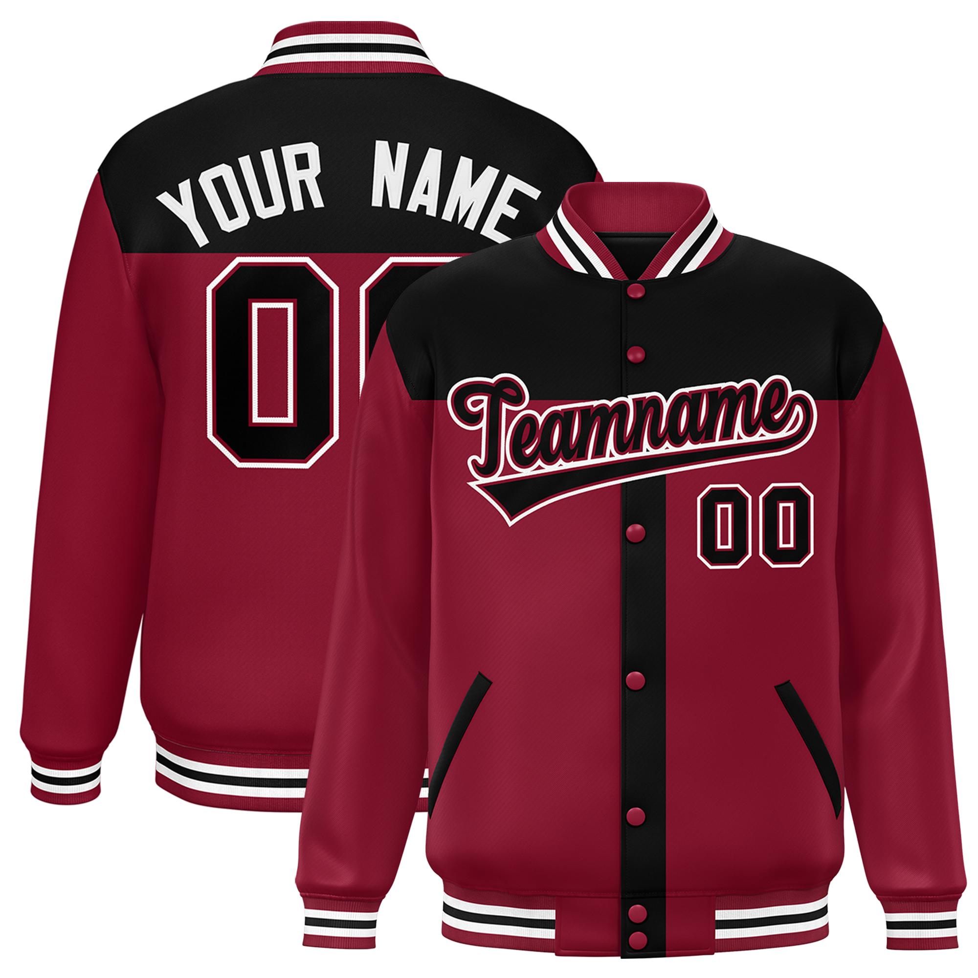 Custom Black Crimson Color Block Bomber Varsity Baseball Jacket