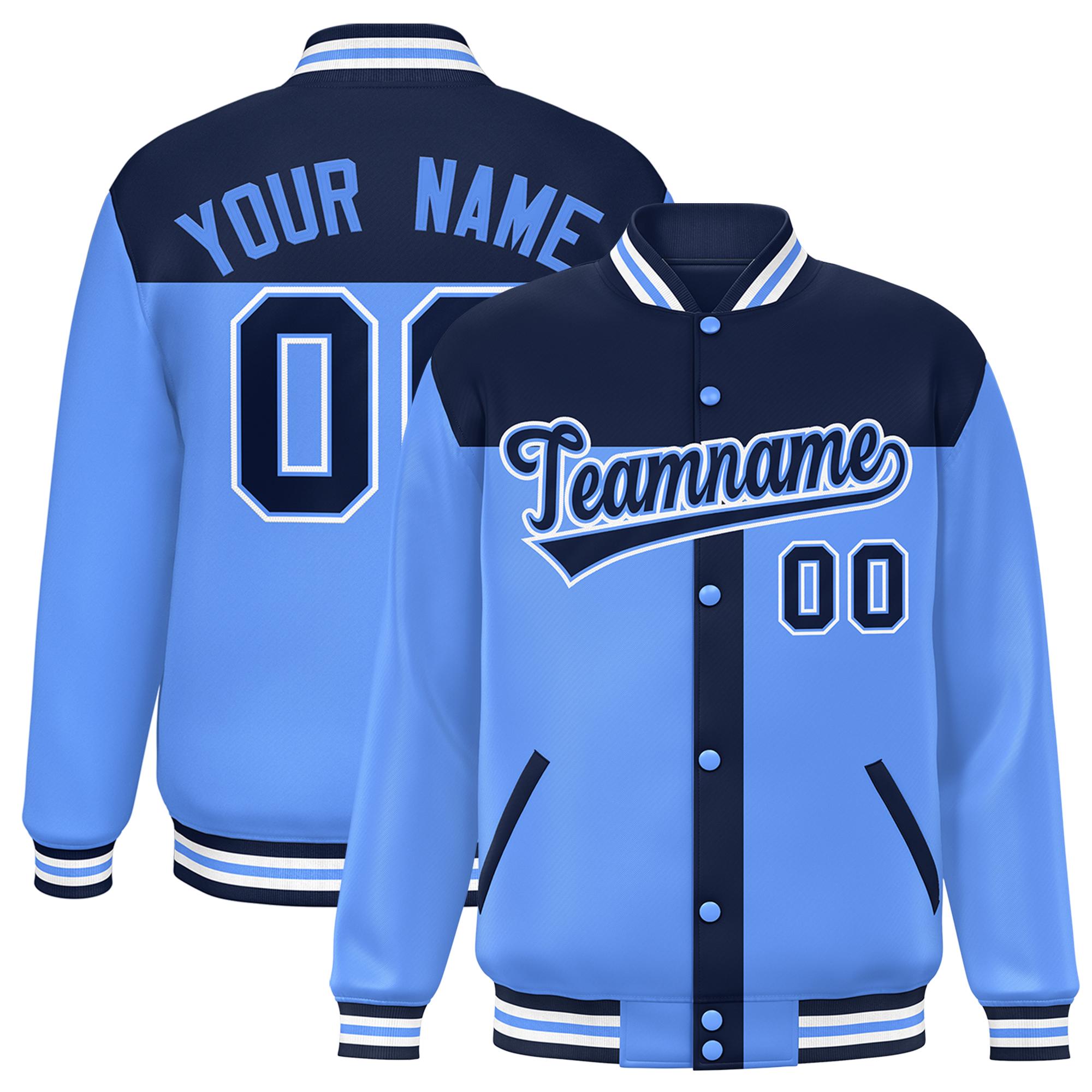 Custom Navy Powder Blue Color Block Bomber Varsity Baseball Jacket