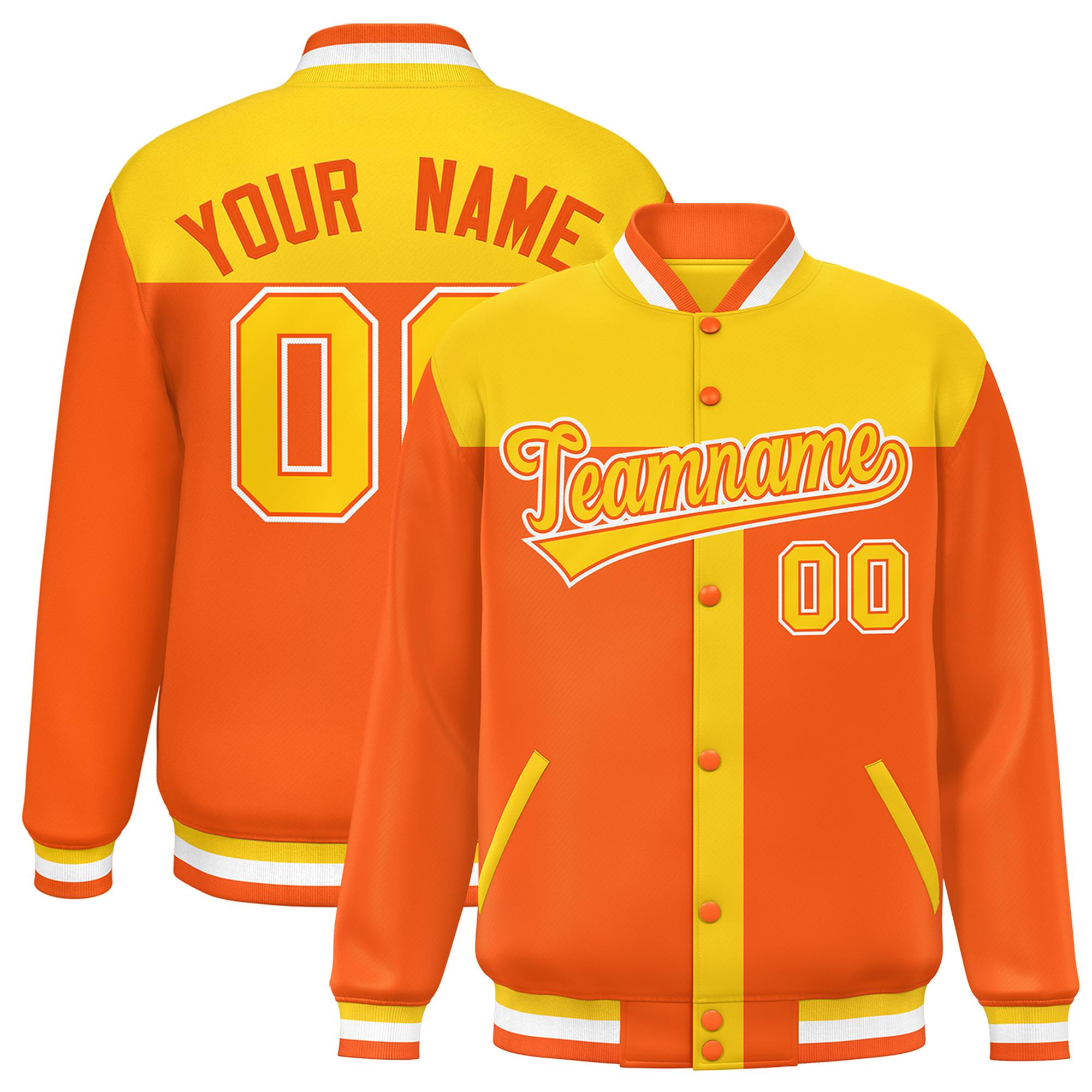 Custom Gold Orange Color Block Bomber Varsity Baseball Jacket