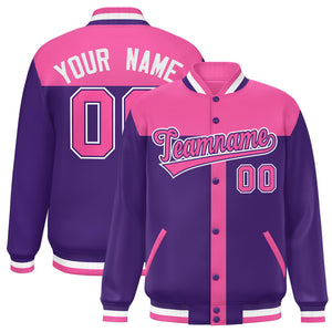 Custom Pink Purple Color Block Bomber Varsity Baseball Jacket