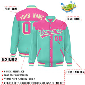 Custom Pink Bright Green Color Block Bomber Varsity Baseball Jacket