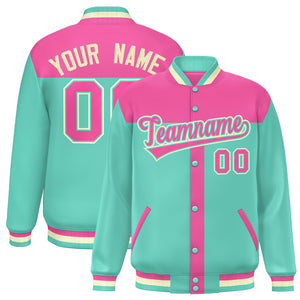 Custom Pink Bright Green Color Block Bomber Varsity Baseball Jacket