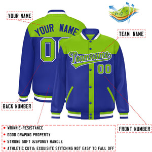 Custom Neon Green Royal Color Block Bomber Varsity Baseball Jacket