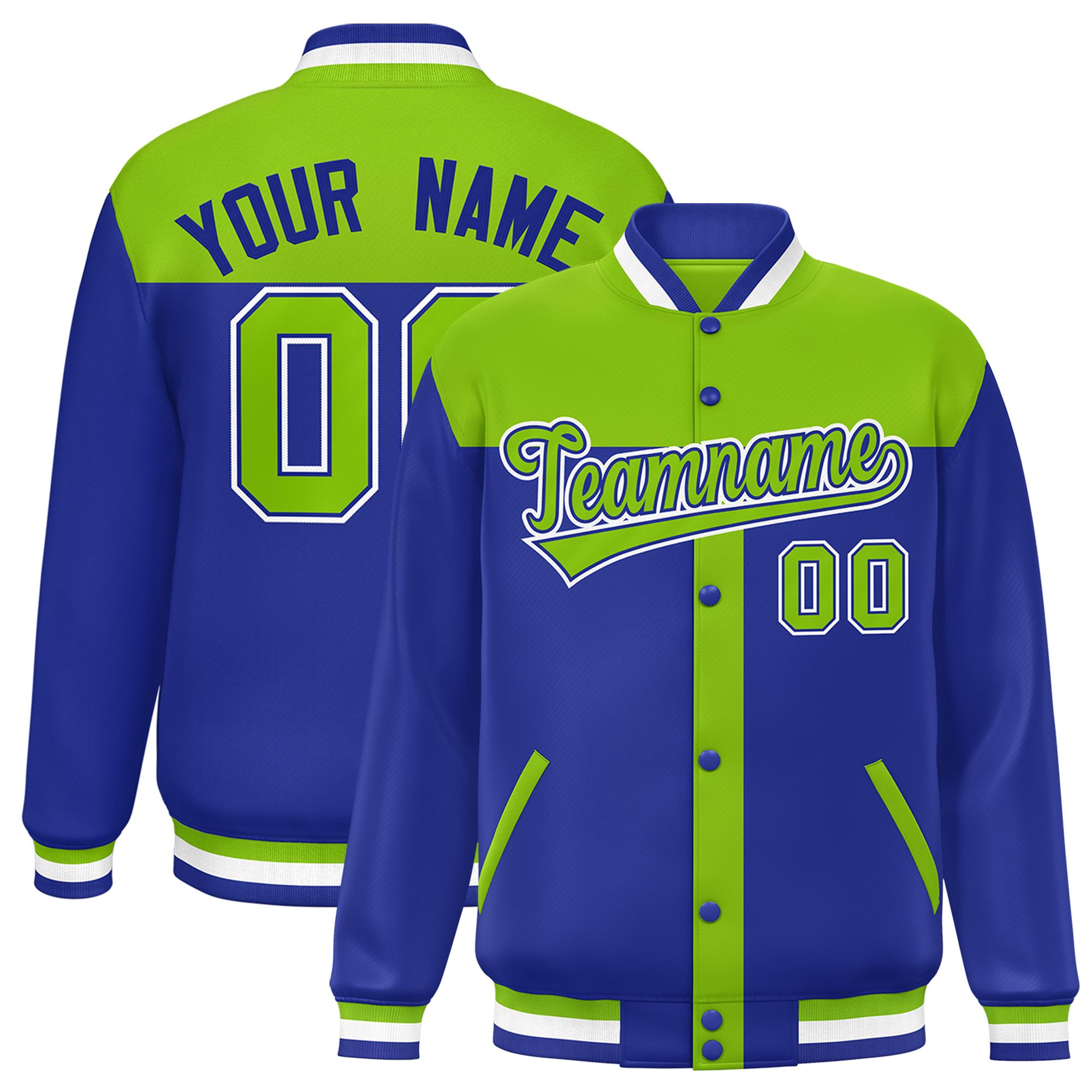 Custom Neon Green Royal Color Block Bomber Varsity Baseball Jacket