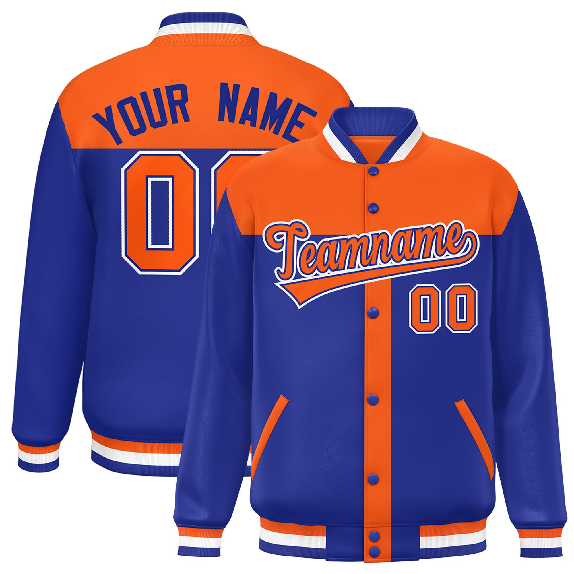 Custom Orange Royal Color Block Bomber Varsity Baseball Jacket