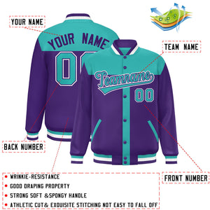 Custom Aqua Purple Color Block Bomber Varsity Baseball Jacket