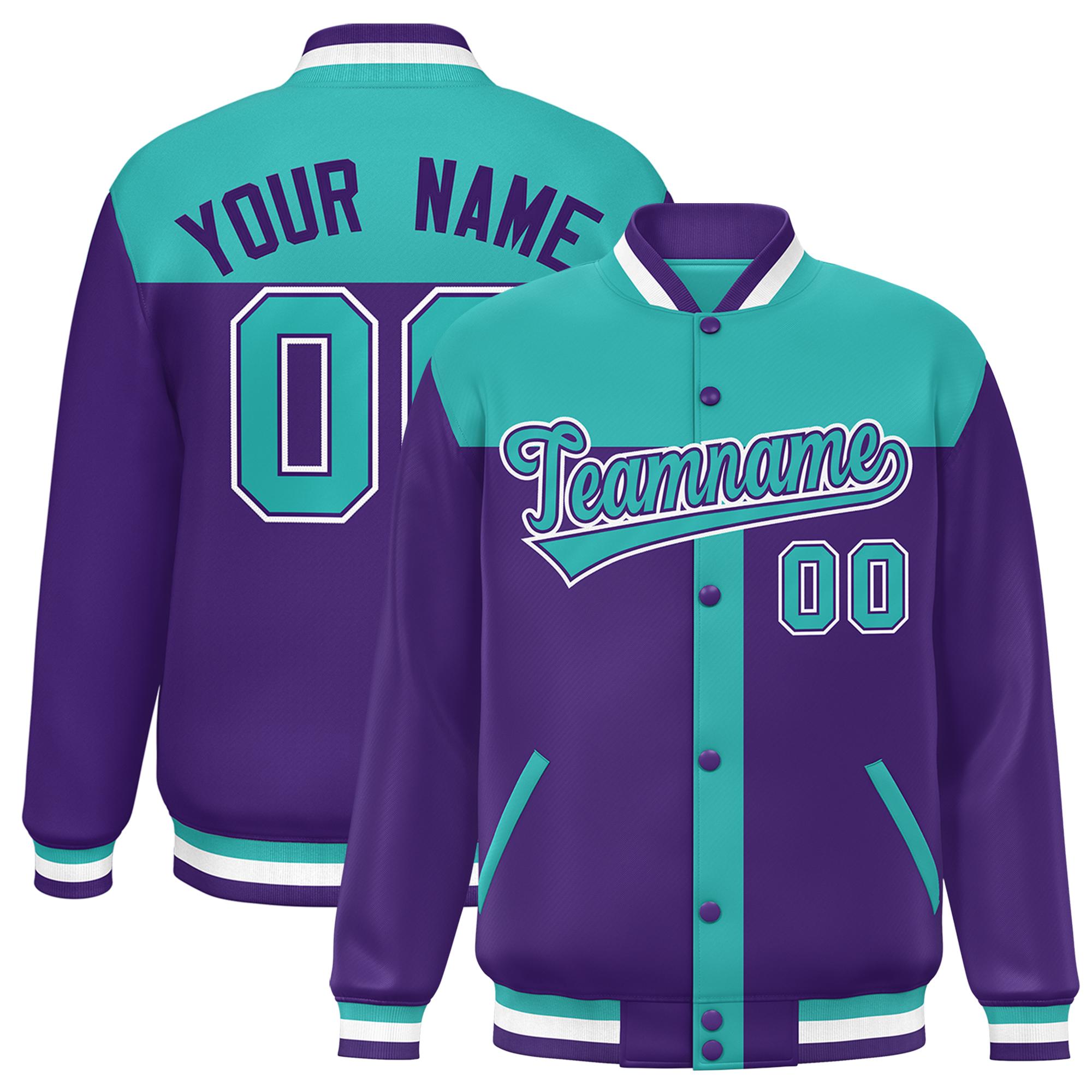 Custom Aqua Purple Color Block Bomber Varsity Baseball Jacket