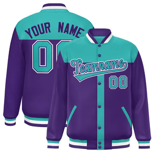 Custom Aqua Purple Color Block Bomber Varsity Baseball Jacket