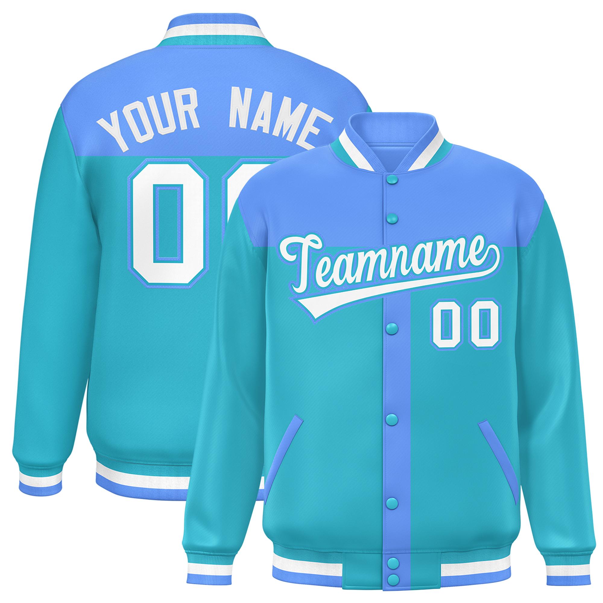 Custom Powder Blue Sky Blue Color Block Bomber Varsity Baseball Jacket