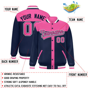 Custom Pink Navy Color Block Bomber Varsity Baseball Jacket