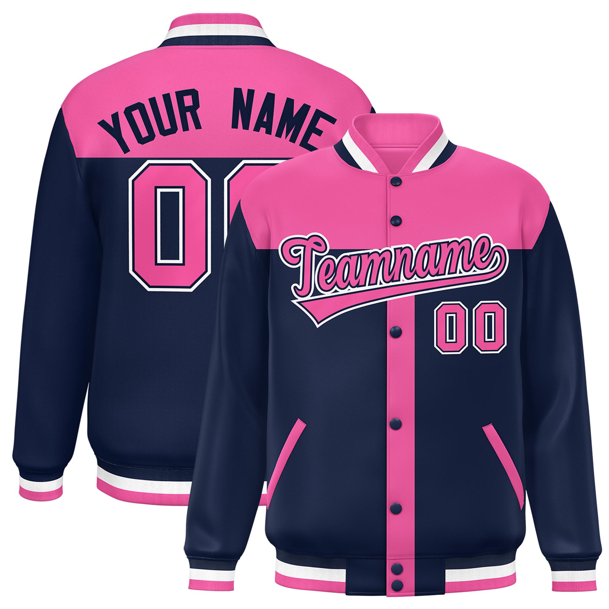 Custom Pink Navy Color Block Bomber Varsity Baseball Jacket