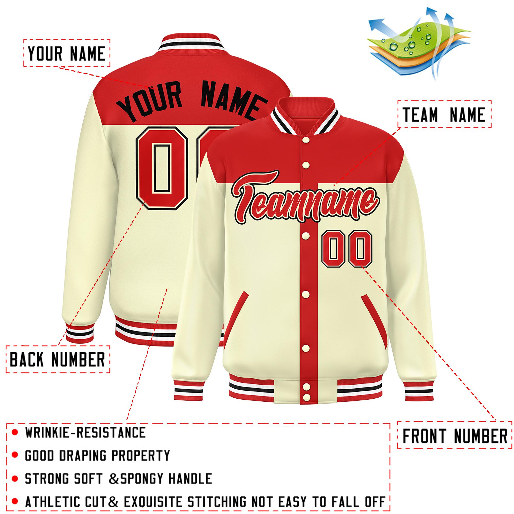 Custom Red Cream Color Block Bomber Varsity Baseball Jacket