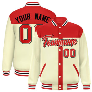 Custom Red Cream Color Block Bomber Varsity Baseball Jacket