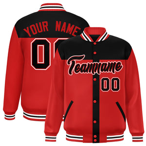 Custom Black Red Color Block Bomber Varsity Baseball Jacket