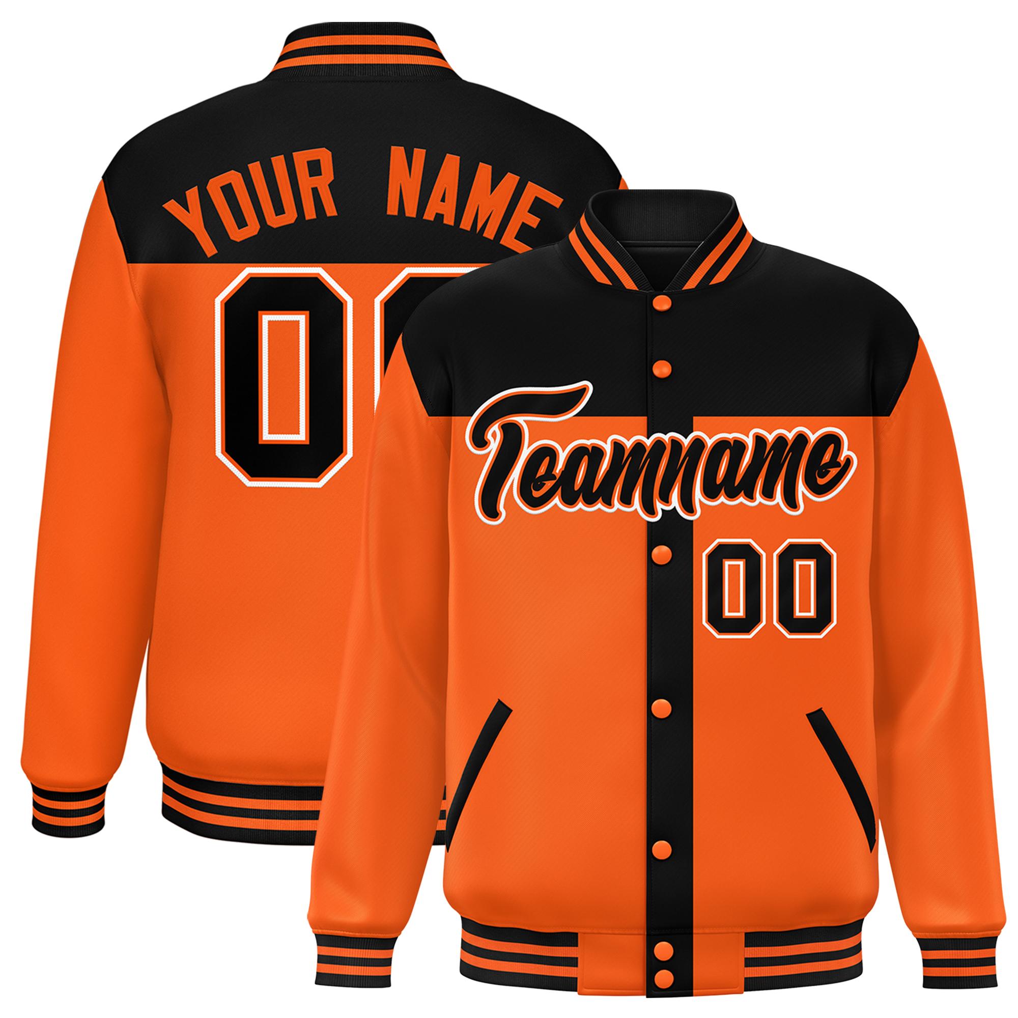 Custom Black Orange Color Block Bomber Varsity Baseball Jacket