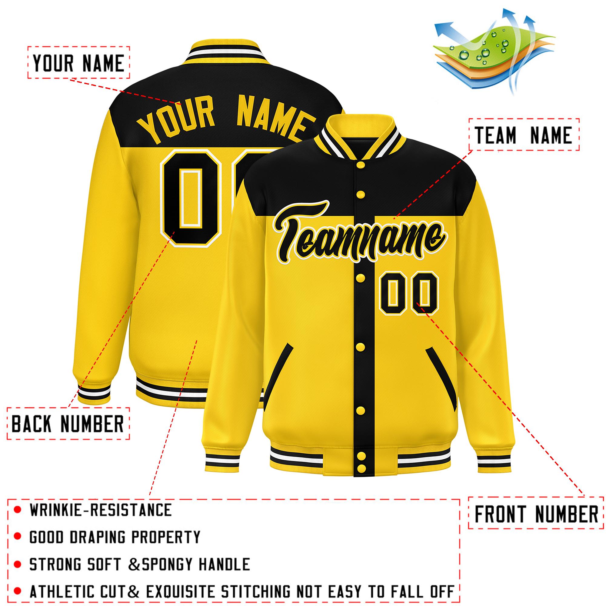 Custom Black Gold Color Block Bomber Varsity Baseball Jacket