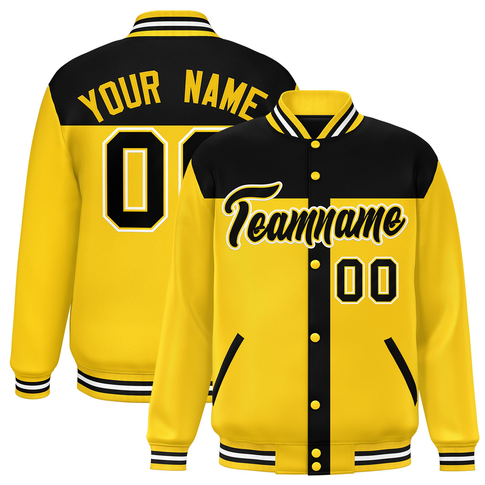 Custom Black Gold Color Block Bomber Varsity Baseball Jacket